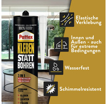 Pattex Kleben statt Bohren Montagekleber Kartusche, elastische Verklebung, wasserfest, schimmelresistent, für innen und außen geeignet.