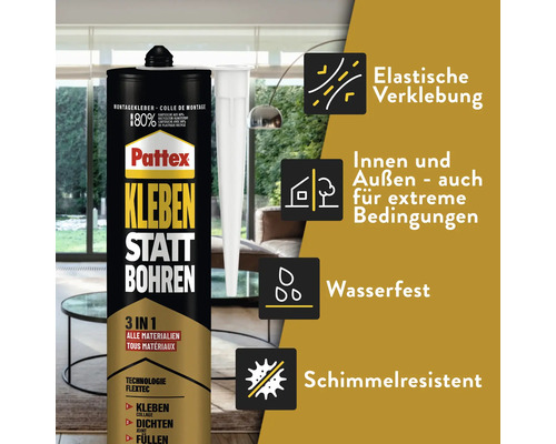 Pattex Kleben statt Bohren Montagekleber Kartusche, elastische Verklebung, wasserfest, schimmelresistent, für innen und außen geeignet.
