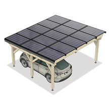 Solar-Carport aus Holz mit integrierten Photovoltaik-Modulen auf dem Dach und einem darunter geparkten Auto.