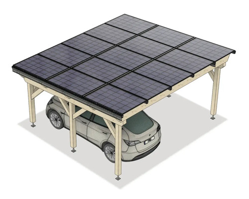 Solar-Carport aus Holz mit integrierten Photovoltaik-Modulen auf dem Dach und einem darunter geparkten Auto.