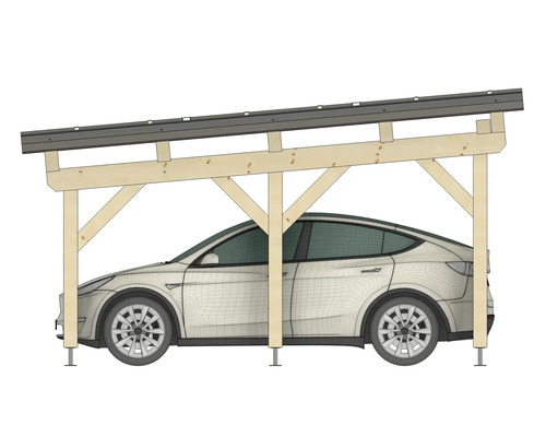 Seitenansicht eines Carports aus Holz mit Pultdach und Photovoltaikanlage, ein Auto parkt darunter.