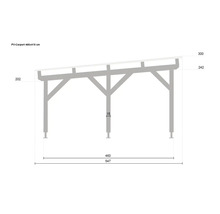 Maßzeichnung eines Photovoltaik-Carports 460 mal 415 Zentimeter in der Seitenansicht mit detaillierten Höhen- und Breitenangaben.