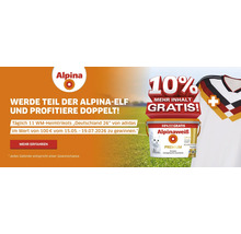 Alpina Logo, Alpinaweiß Premium Innenfarbe mit 10 Prozent mehr Inhalt gratis und Gewinnspiel für Fußball-Heimtrikots von Deutschland.
