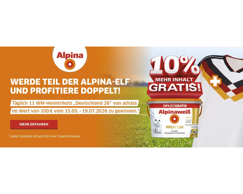 Alpina Logo, Alpinaweiß Premium Innenfarbe mit 10 Prozent mehr Inhalt gratis und Gewinnspiel für Fußball-Heimtrikots von Deutschland.