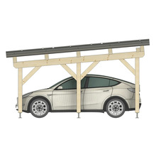 Seitenansicht eines Carports aus Holz mit Pultdach und Photovoltaikanlage, ein Auto parkt darunter.