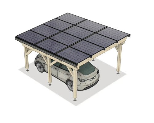 Solarcarport aus Holz mit neun Photovoltaik-Modulen und geparktem Auto.
