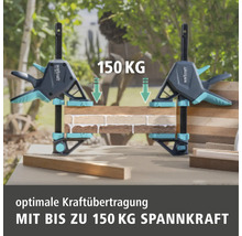 Zwei Einhandzwingen fixieren Holzstücke mit einer Spannkraft von bis zu 150 Kilogramm für eine optimale Kraftübertragung.