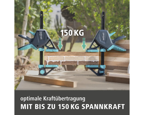 Zwei Einhandzwingen fixieren Holzstücke mit einer Spannkraft von bis zu 150 Kilogramm für eine optimale Kraftübertragung.