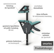 Wolfcraft Einhandzwinge PRO mit gummierter Spannfläche, 85 Millimeter Ausladung, gehärteter Stahlschiene und Einhandbedienung.