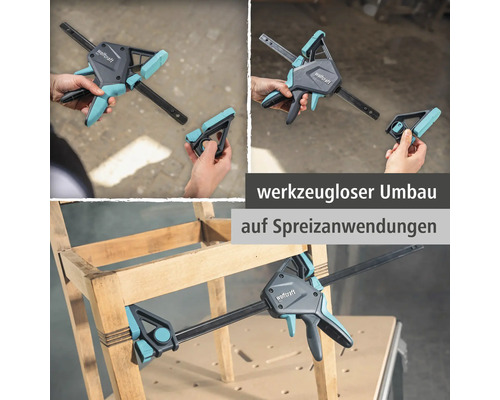 Wolfcraft Einhandzwinge zeigt den werkzeuglosen Umbau für Spreizanwendungen an einem hölzernen Möbelstück.