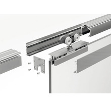 Explosionszeichnung eines Schiebetürsystems aus Aluminium mit Laufschiene, Rollenwagen und Befestigungsmaterial.