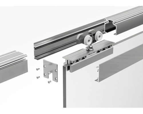 Explosionszeichnung eines Schiebetürsystems aus Aluminium mit Laufschiene, Rollenwagen und Befestigungsmaterial.