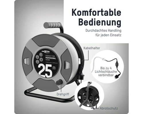 ANSMANN Kabeltrommel für 25 Meter Lichtschlauch mit Kabelhalter, Drehgriff, Abrollschutz und Anschluss für bis zu 4 Lichtschläuche.
