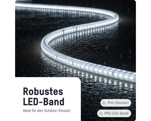Robustes LED-Band für den Außenbereich, strahlwassergeschützt und spritzwassergeschützter Stecker, weiß leuchtend auf nassem Boden.