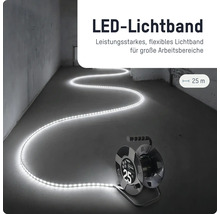 Flexibles LED-Lichtband auf Kabeltrommel, 25 Meter lang, ausgelegt zur Baustellenbeleuchtung in einem Rohbau.