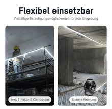 Flexibel einsetzbare LED-Lichtleiste auf einer Baustelle mit Befestigungsmöglichkeiten wie S-Haken und Klettbändern.