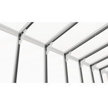 Innenansicht einer Gewächshauskonstruktion mit stabilen Verstrebungen und Aluminiumprofilen.