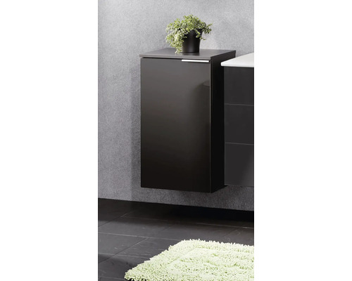 Moderner wandhängender Badschrank in Dunkelgrau mit Pflanze auf strukturiertem Hintergrund und dunklem Fliesenboden mit hellem Teppich.