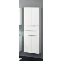 Weißer Badezimmer-Hochschrank mit vier Türen, zwei Schubladen und silberfarbenen Griffleisten.