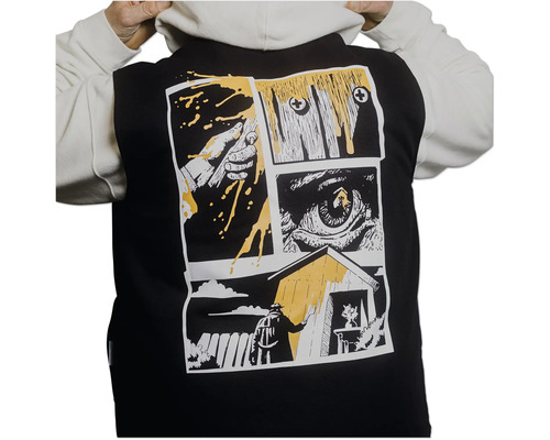 Kapuzenpullover Rückansicht mit Grafikprint im Comic-Stil: Hand mit Farbe, Schriftzug WHY, Auge und Person beim Hausanstrich.