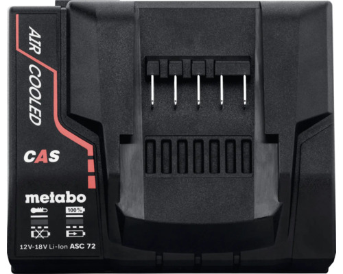Metabo Akkuladegerät ASC 72, luftgekühlt, für 12 Volt bis 18 Volt Lithium-Ionen-Akkus, Cordless Alliance System, Metabo Logo.