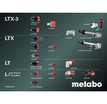 Übersicht von Metabo Werkzeugzubehör wie Bohrfutter und Adapter für die Serien LTX-3, LTX, LT und L, Metabo Logo.