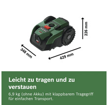 Bosch Mähroboter mit Maßen 429 mal 348 mal 226 Millimeter, Gewicht 6,9 Kilogramm ohne Akku und klappbarem Tragegriff. Bosch Logo.