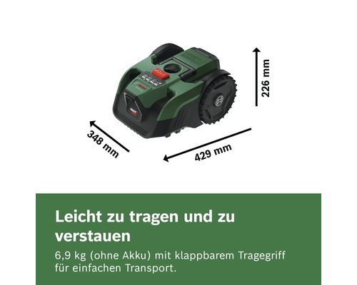 Bosch Mähroboter, Maße 429 Millimeter Länge, 348 Millimeter Breite, 226 Millimeter Höhe. Gewicht 6,9 Kilogramm ohne Akku, mit klappbarem Tragegriff.