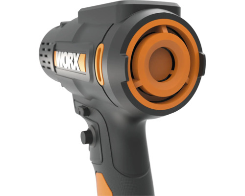 Schwarz-oranges WORX Heißluftgebläse mit ergonomischem Griff, runder Austrittsdüse und WORX Logo.