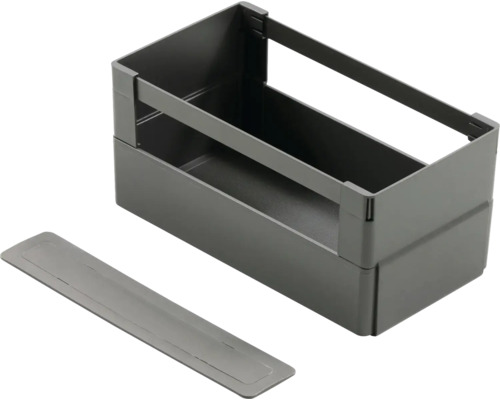 Graue Schubladen-Organisationsbox aus Kunststoff mit offenen Seitenrelingen und einer zusätzlichen flachen Trennplatte.