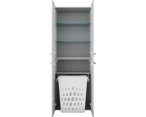 Geöffneter Badezimmer-Hochschrank mit Glaseinlegeböden und integriertem Wäschekorb im unteren Bereich.