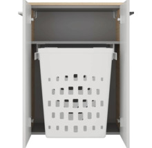 Geöffneter Badezimmerschrank mit integriertem, herausnehmbarem Wäschekorb aus Kunststoff.