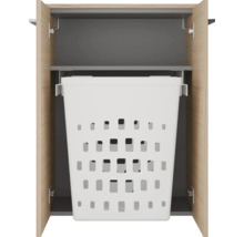 Badschrank mit integriertem, herausnehmbarem Wäschekorb aus Kunststoff in einem Holzkorpus.