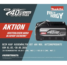 Makita Aktion: Kostenloser 40V max XGT Akku beim Kauf ausgewählter Produkte im Aktionszeitraum. Makita Logo.