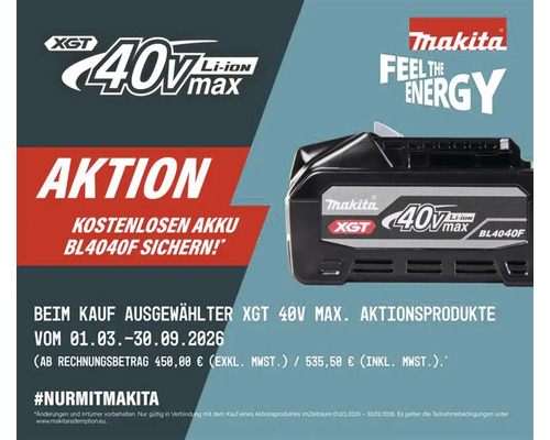Makita Aktion: Kostenloser 40V max XGT Akku beim Kauf ausgewählter Produkte im Aktionszeitraum. Makita Logo.