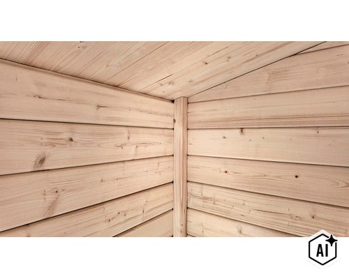 Holzinnenwand einer Sauna mit Wandelementen aus unbehandeltem Nadelholz. (Image AI modified or generated)