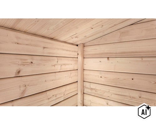 Wandecke einer Gartenhaus Konstruktion aus profilierten Holzbohlen im Innenraum. (Image AI modified or generated)