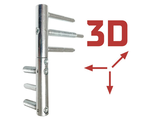 Dreidimensional verstellbares Türband aus Metall mit Montagebolzen.