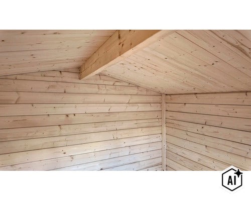 Innenansicht eines Gartenhauses aus unbehandelten Holzprofilen mit sichtbarem Dachbalken und Wandverkleidung. (Image AI modified or generated)