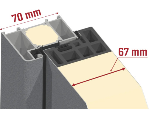Querschnitt eines Fensterprofils mit den Maßen 70 Millimeter und 67 Millimeter.