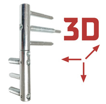 Dreidimensional verstellbares Einbohrband aus Metall mit sechs Zapfen für Türen.