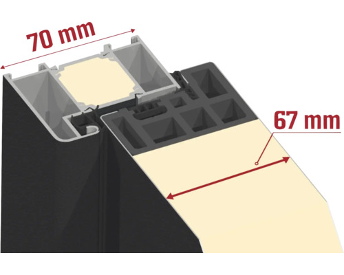 Querschnitt eines Profils mit den Maßen 70 Millimeter Bautiefe und 67 Millimeter Füllungsdicke.