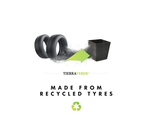 Illustration eines Pflanzkübels aus recycelten Reifen, TierraVerde Logo und Recycling-Symbol.