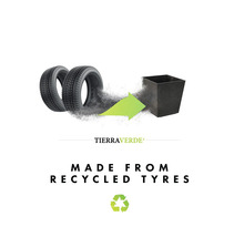 Illustration eines Pflanzkübels aus recycelten Reifen, TierraVerde Logo und Recycling-Symbol.