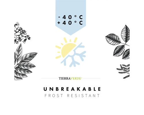 TierraVerde Logo. Symbol für Frostbeständigkeit und Temperaturbeständigkeit von minus 40 bis plus 40 Grad Celsius. Unzerbrechliches Produkt.