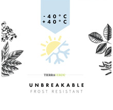 TierraVerde Logo. Symbol für Frostbeständigkeit und Temperaturbeständigkeit von minus 40 bis plus 40 Grad Celsius. Unzerbrechliches Produkt.