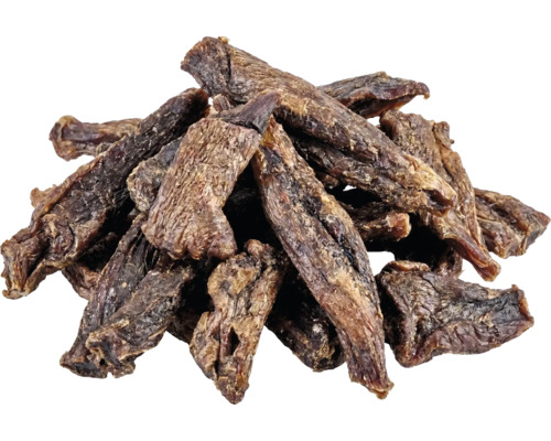 Getrocknete Fleischstreifen als Hundesnack und Kauartikel.