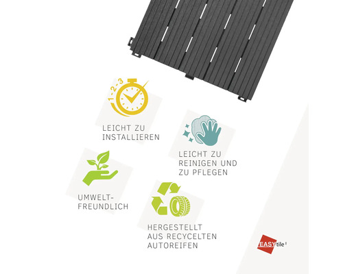 EASYtile Terrassenfliese aus recycelten Autoreifen. Einfache Montage, leicht zu reinigen und umweltfreundlich. EASYtile Logo.