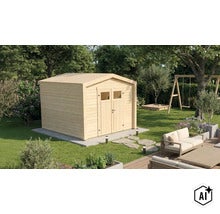 Holzgartenhaus mit Satteldach und Doppeltür im Garten mit Terrasse, Spielplatz und Sitzbereich. (Image AI modified or generated)