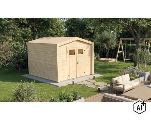 Holzgartenhaus mit Satteldach und Doppeltür im Garten mit Terrasse, Spielplatz und Sitzbereich. (Image AI modified or generated)